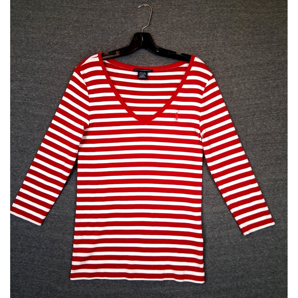 Polo Ralph Lauren Womens Shirt XS Red White Stripe Breton Small Pony Pima Preppy